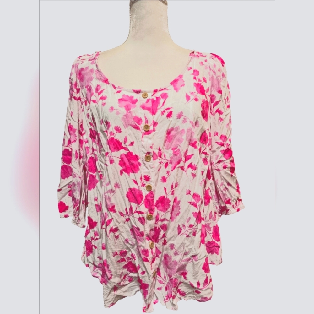 Torrid Pink White Floral Slub Button Front Puff Sleeve Top